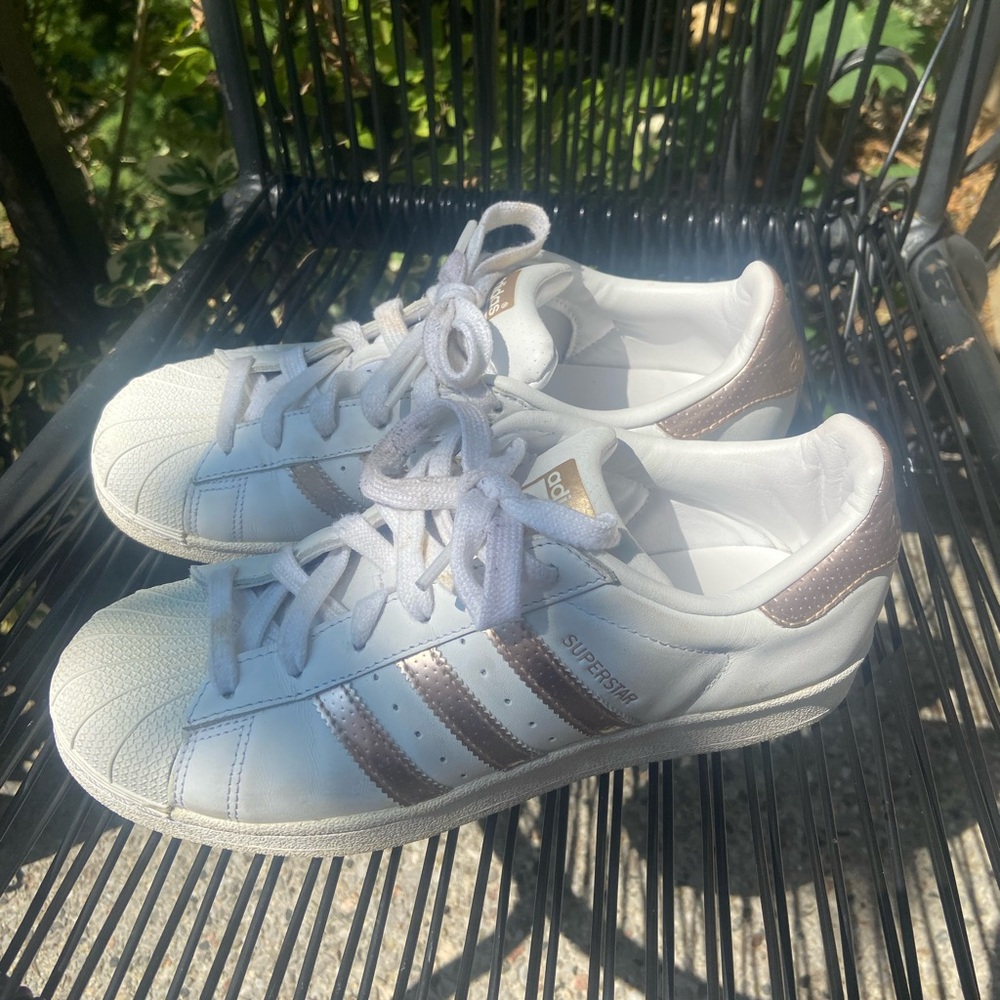 Adidas White And Rose Gold Superstar Running Shoes